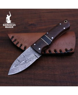 Compact Damascus Bushcraft Knife – Walnut Handle & Leather Sheath