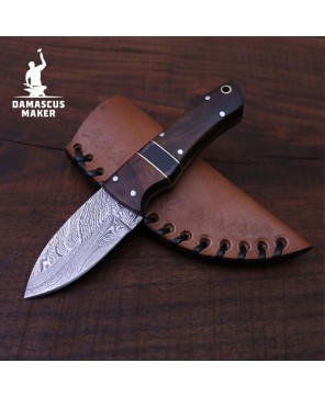 Compact Damascus Bushcraft Knife – Walnut Handle & Leather Sheath