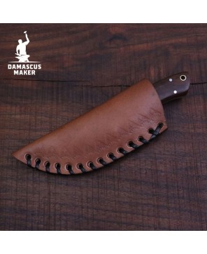 Compact Damascus Bushcraft Knife – Walnut Handle & Leather Sheath