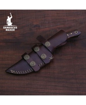 Full Tang Damascus Bushcraft Knife – Walnut Handle & Leather Sheath