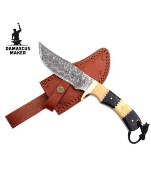 Handmade Damascus Bushcraft Knife – Buffalo Bone Handle & Leather Shea