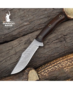 Handmade Damascus Bushcraft Knife – Rosewood Handle & Leather Sheath