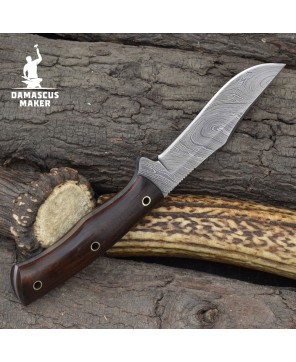 Handmade Damascus Bushcraft Knife – Rosewood Handle & Leather Sheath