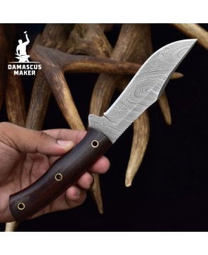 Handmade Damascus Bushcraft Knife – Rosewood Handle & Leather Sheath