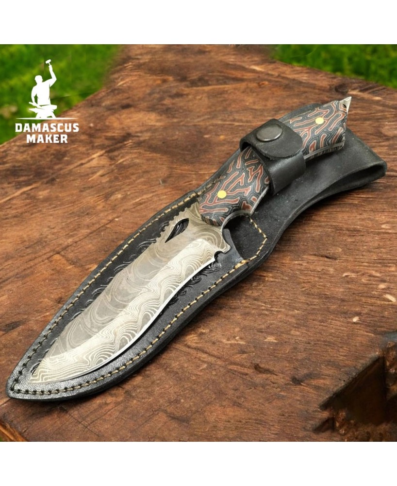 Real Damascus Steel Bushcraft Knife – G-Carta Handle & Leather Sheath