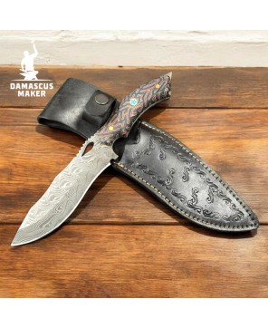 Real Damascus Steel Bushcraft Knife – G-Carta Handle & Leather Sheath