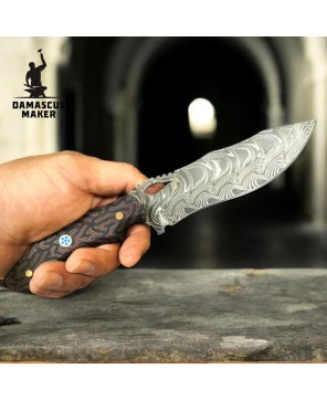 Real Damascus Steel Bushcraft Knife – G-Carta Handle & Leather Sheath