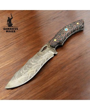 Real Damascus Steel Bushcraft Knife – G-Carta Handle & Leather Sheath