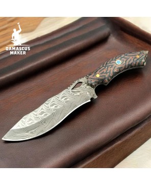 Real Damascus Steel Bushcraft Knife – G-Carta Handle & Leather Sheath