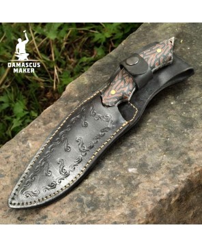 Real Damascus Steel Bushcraft Knife – G-Carta Handle & Leather Sheath