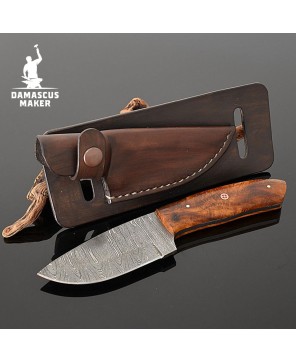 Handmade Damascus Bushcraft Knife – Rosewood Handle & Leather Sheath