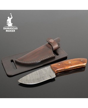 Handmade Damascus Bushcraft Knife – Rosewood Handle & Leather Sheath