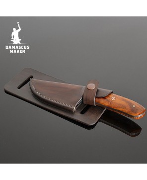 Handmade Damascus Bushcraft Knife – Rosewood Handle & Leather Sheath