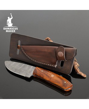 Handmade Damascus Bushcraft Knife – Rosewood Handle & Leather Sheath