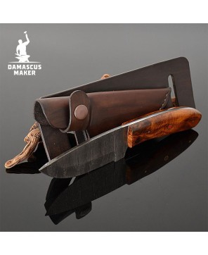 Handmade Damascus Bushcraft Knife – Rosewood Handle & Leather Sheath