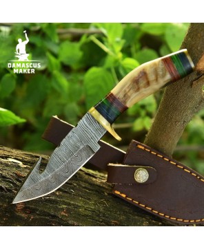 Hand-Forged Damascus Bushcraft Knife with Ram Horn Handle & Sheath