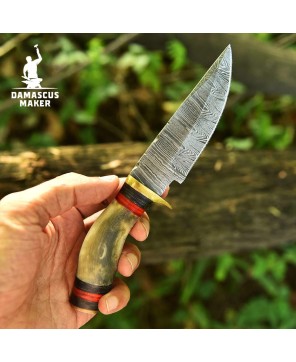 Hand-Forged Damascus Bushcraft Knife with Ram Horn Handle & Sheath