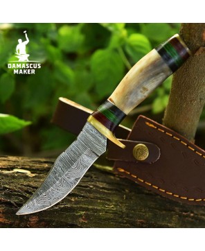 Hand-Forged Damascus Bushcraft Knife with Ram Horn Handle & Sheath