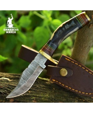 Hand-Forged Damascus Bushcraft Knife with Ram Horn Handle & Sheath