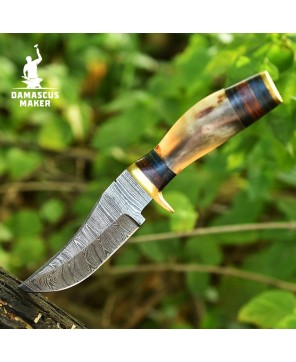 Hand-Forged Damascus Bushcraft Knife with Ram Horn Handle & Sheath