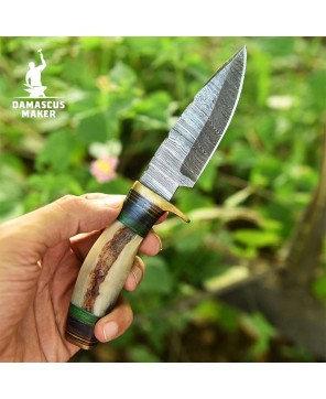 Hand-Forged Damascus Bushcraft Knife with Ram Horn Handle & Sheath