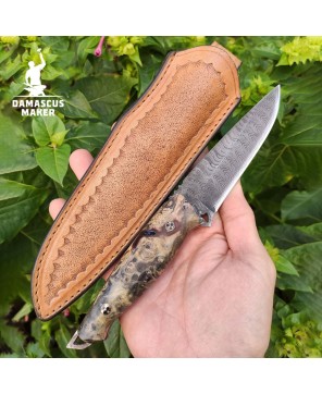 Handmade Damascus Bushcraft Knife with Amboyna Burl Handle & Sheath