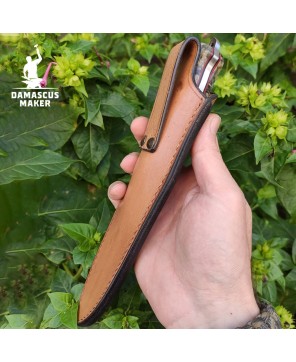 Handmade Damascus Bushcraft Knife with Amboyna Burl Handle & Sheath