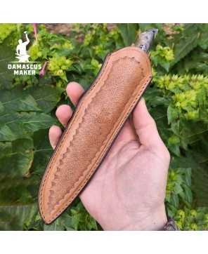 Handmade Damascus Bushcraft Knife with Amboyna Burl Handle & Sheath