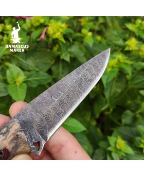 Handmade Damascus Bushcraft Knife with Amboyna Burl Handle & Sheath