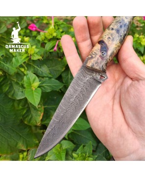 Handmade Damascus Bushcraft Knife with Amboyna Burl Handle & Sheath