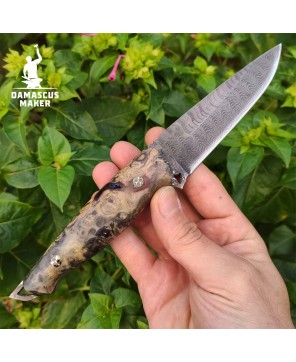 Handmade Damascus Bushcraft Knife with Amboyna Burl Handle & Sheath