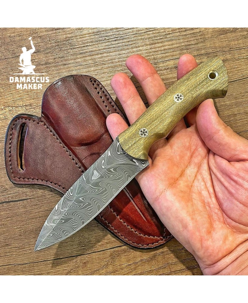 Handmade Damascus Bushcraft Knife with Green Rosewood Handle & Sheath