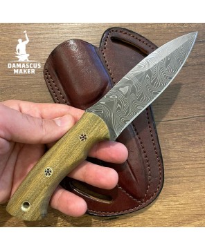 Handmade Damascus Bushcraft Knife with Green Rosewood Handle & Sheath