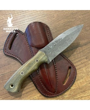 Handmade Damascus Bushcraft Knife with Green Rosewood Handle & Sheath