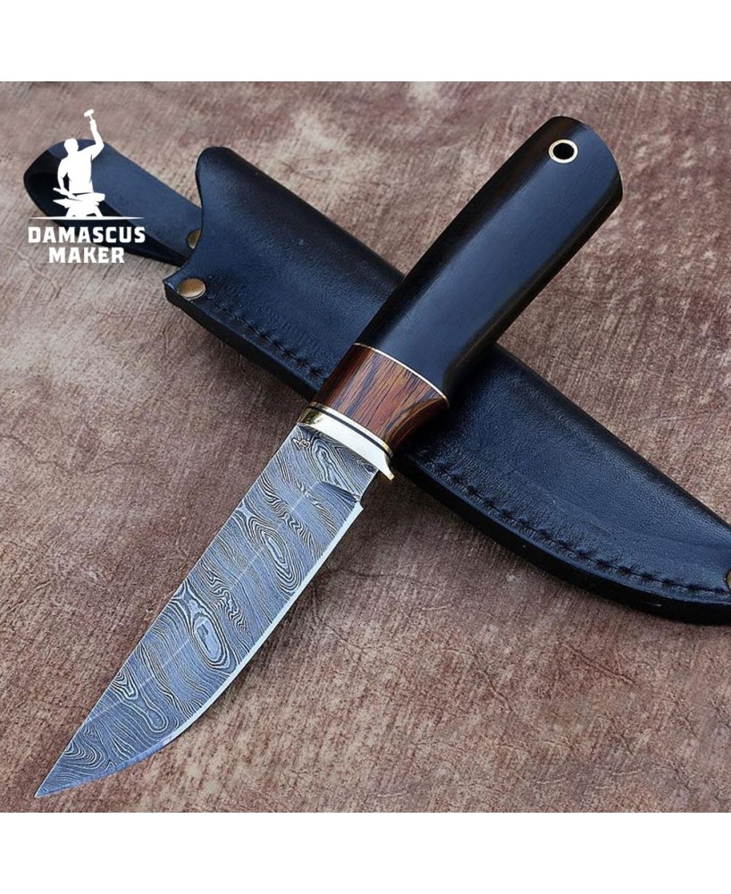 Handmade Damascus Bushcraft Knife with Ironwood Handle & Sheath