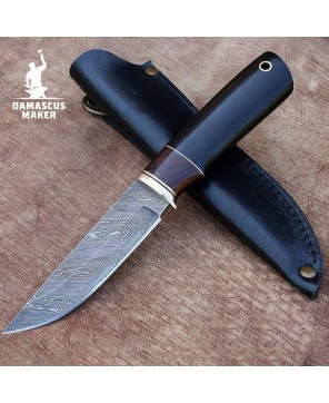 Handmade Damascus Bushcraft Knife with Ironwood Handle & Sheath