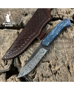 Handmade Damascus Bushcraft Knife with Dyed Bone Handle & Sheath