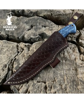 Handmade Damascus Bushcraft Knife with Dyed Bone Handle & Sheath