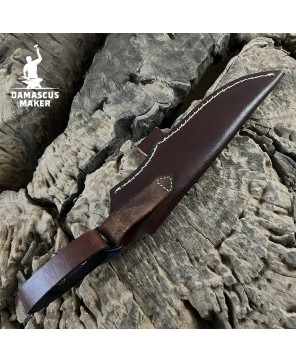 Handmade Damascus Bushcraft Knife with Dyed Bone Handle & Sheath