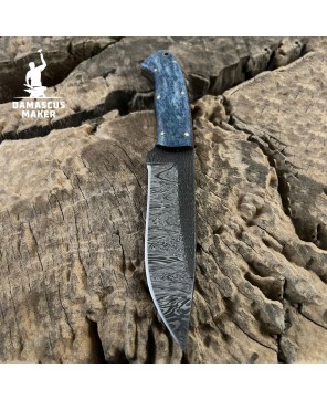 Handmade Damascus Bushcraft Knife with Dyed Bone Handle & Sheath