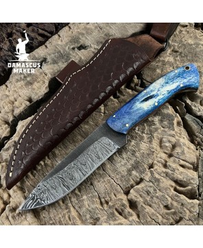 Handmade Damascus Bushcraft Knife with Dyed Bone Handle & Sheath