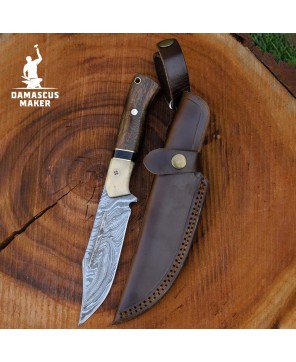 Handmade Damascus Bushcraft Knife with Walnut Handle & Sheath