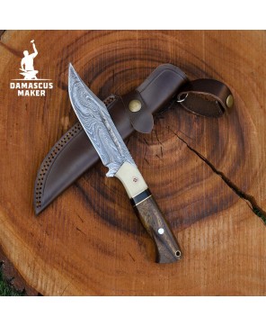 Handmade Damascus Bushcraft Knife with Walnut Handle & Sheath