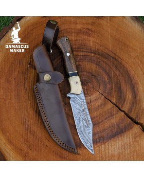 Handmade Damascus Bushcraft Knife with Walnut Handle & Sheath