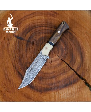 Handmade Damascus Bushcraft Knife with Walnut Handle & Sheath